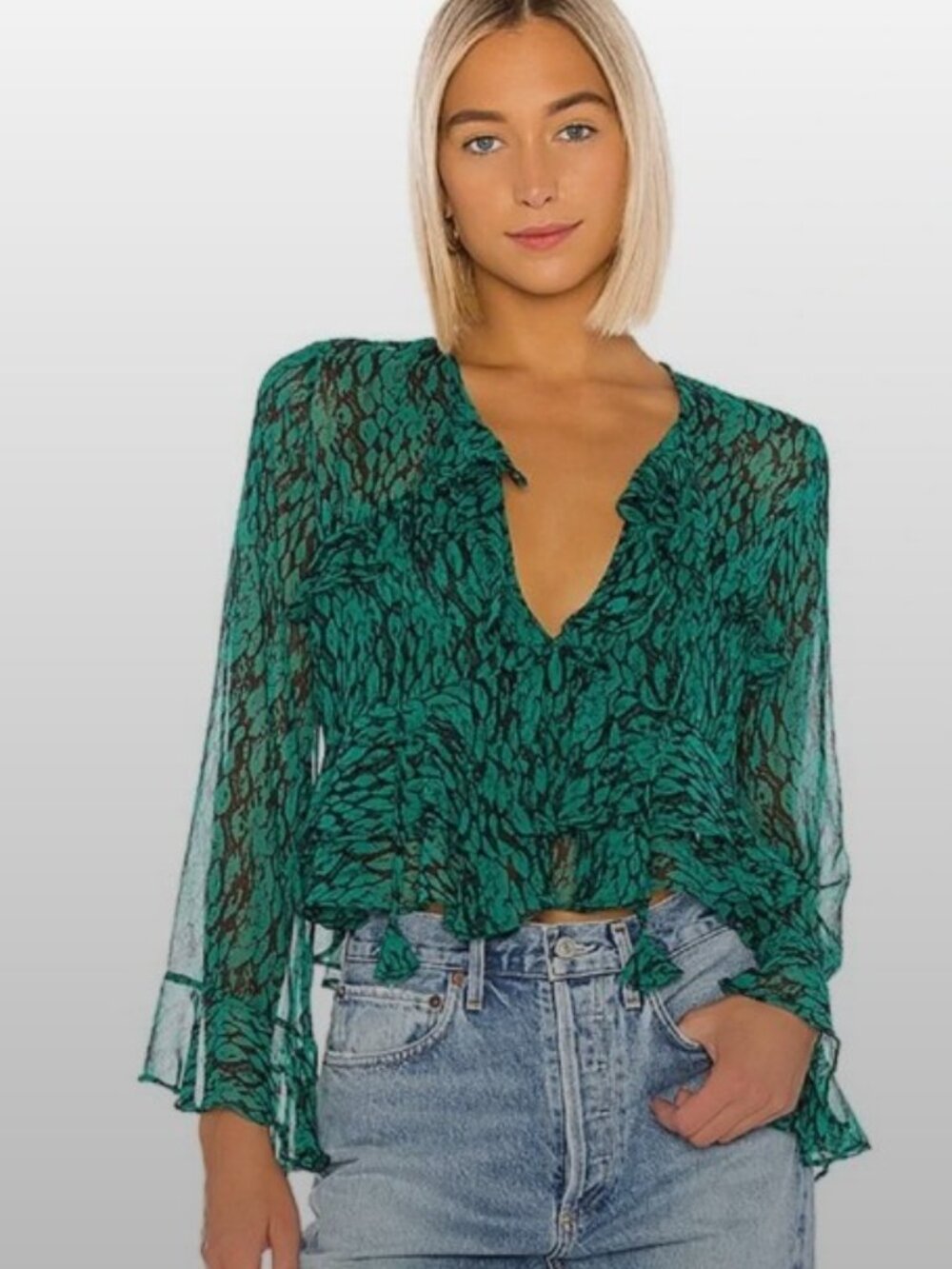 🌹MISA Los Angeles Damaris Semi Sheer Blouse in Emerald Snake EUC!